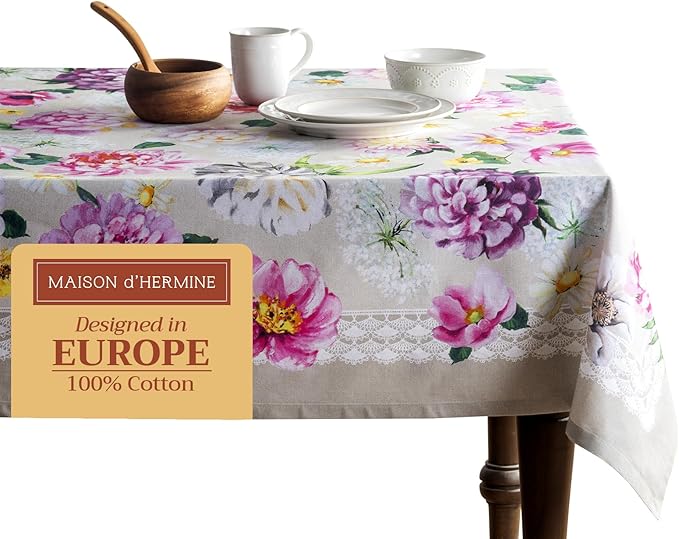 Maison d' Hermine Table Cloth Rectangle Table 100% Cotton 60 x 108 Inches Tablecloth Reusable Decorative for Dining Room Farmhouse Home Valentines Day Decorations Spring Summer - Pivoine