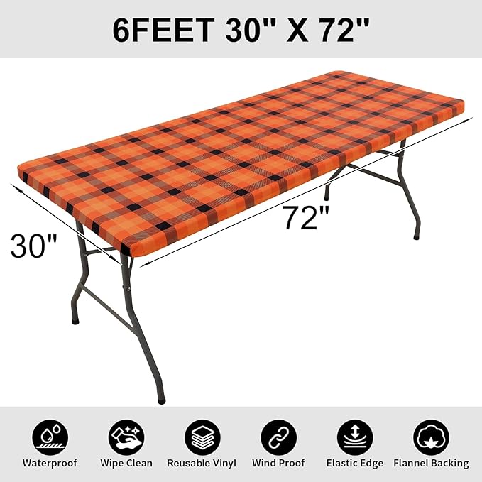 Smiry Rectangle Picnic Table Cloth, Elastic Waterproof Fitted Vinyl Tablecloths, Flannel Backed Buffalo Plaid Table Covers for Dining, Camping, Outdoor (Orange and Yellow, 30" x 72")