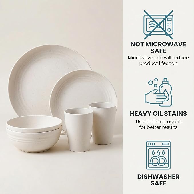 Supernal Wheat Straw Dinnerware Sets,Dish Sets for 8,Plates and Bowls Set Dishwasher Safe,Unbreakable Dinnerware,Reusable Plastic Plates,Beige Color 16pcs Plates, 8pcs Bowls, 8pcs Cups.