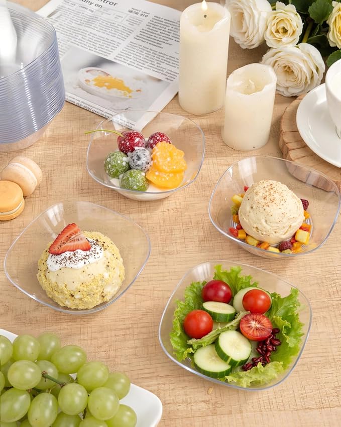 bUCLA 50Pack Clear Plastic Small Bowls - 8oz Disposable Ice Cream/Salsa/Dipping/Dessert/Sauce/Small Serving Bowls for Party