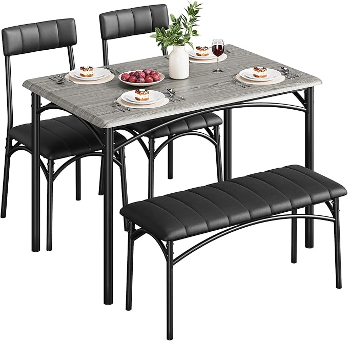 Dining Table Set for 4, Rectangular Kitchen Table and Chairs Set of 4 for Small Spaces, Modern Dining Room Table Set with Upholstered Bench and 2 Chairs, Space Saving Dining Furniture for Apartments