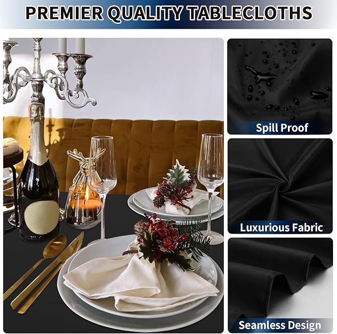 PureFit 6 Pack Rectangle Black Table Cloths 90 x 132 Inch for 8Ft Tables, Stain and Wrinkle Resistant Table Linens for Home Use, Wedding, Party, Banquet and Camping