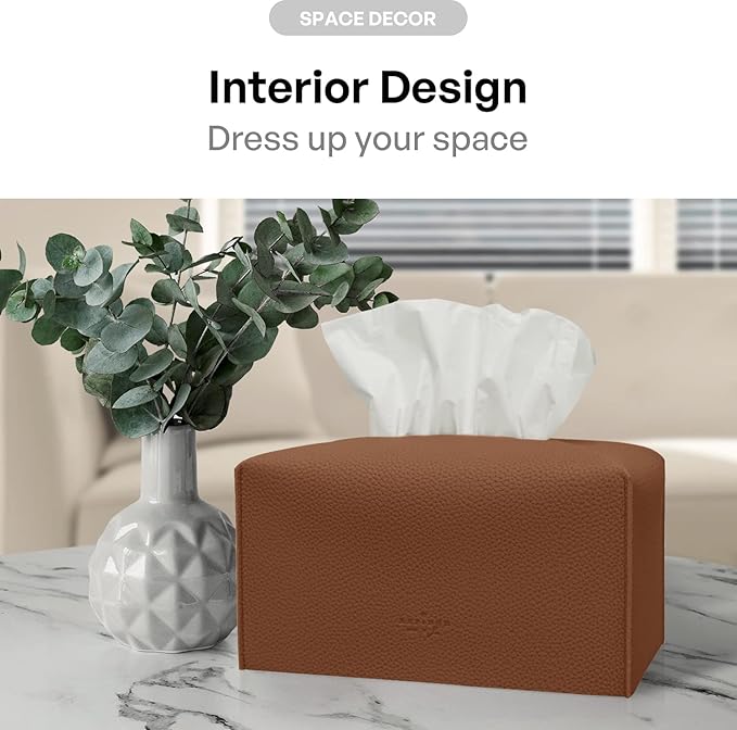 Carrotez Tissue Box Cover, [Refined] Modern PU Leather Rectangular Tissue Box Holder - Decorative Holder/Organizer for Bathroom Vanity Countertop, Night Stands, Office Desk 9.5"X5"X5" - Camel