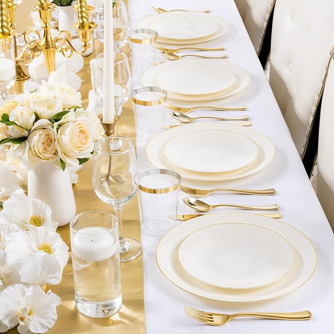 Nervure 100Pcs Ivory and Gold Plastic Plates - 7.5inch Disposable Ivory Dessert/Salad Plates - Heavy Duty Plastic Plate Ideal for Wedding & Party