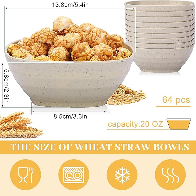 Gejoy 64 Pcs Unbreakable Cereal Reusable Wheat Straw Lightweight Bowls Microwave and Dishwasher Safe Soup Fiber Bowls for Kitchen Serving Salad Rice Snacks(Beige)