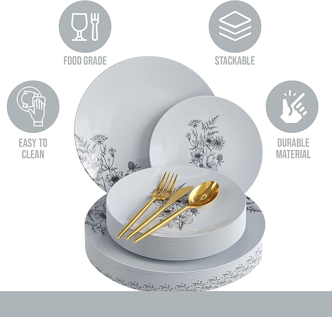 Trendables Fancy Plastic Dinnerware Sets 200 Pc 40 Guests Gold Silverware Disposable 40 X 10 Inch Charger Plates 40 X 8 Inch Dessert Plates 40 x Gold Plastic Forks and Spoons Knives In Dandelion Bloom