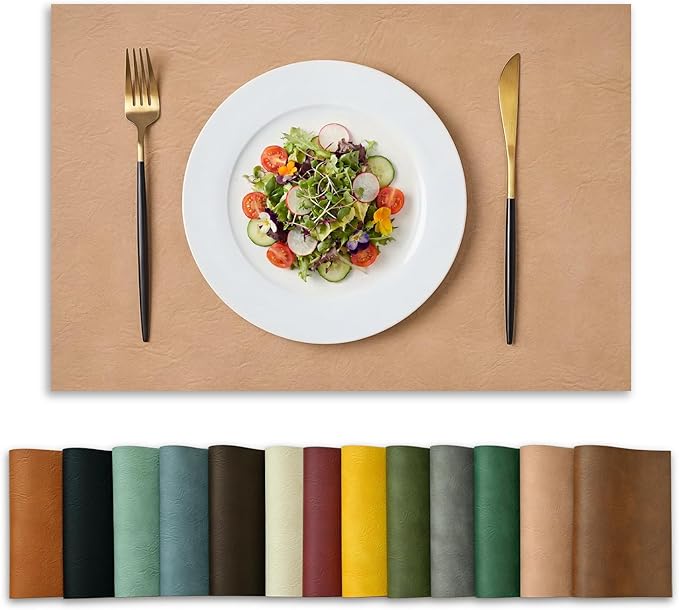 Artoid Mode Pink Faux Leather Placemats Set of 6, 12x18 Inch Waterproof Wipeable Heat Resistant Vinyl Place Mats, Reversible Table Mats for Spring Kitchen Dining Decor
