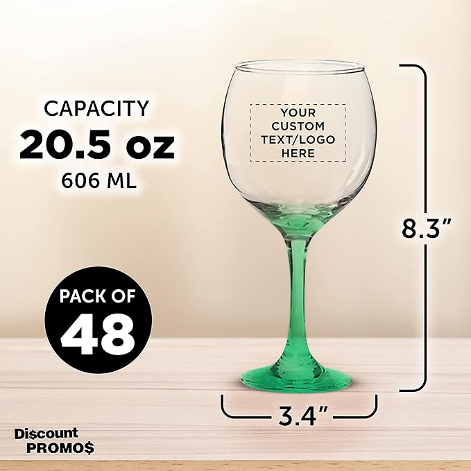 Custom Premiere Wedding Wine Glasses 20.5 oz Set of 48, Personalized Bulk Pack - Restaurant Glassware, Perfect for Red Wine or White Wine - Green