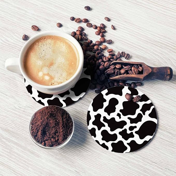 Milch Cow Skin Texture Coasters Set for Wood Table Black White Spot Monochrome Tabletop Protection Mat for Mugs and Cups 4 Inch for Kitchen Office Home