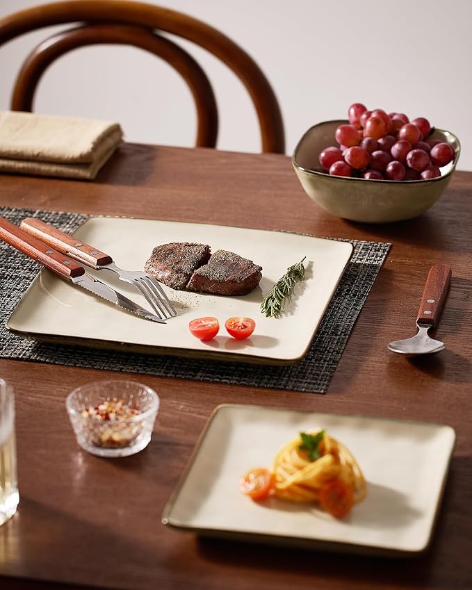 Famiware Dinnerware Sets for 4, Ocean Square 12-Piece Kitchen Plates and Bowls Sets, Microwave and Dishwasher Safe, Scratch Resistant, Light khaki