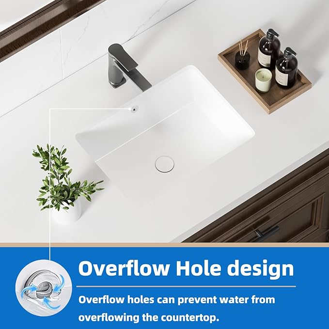 18 Inch White Rectangle Vessel Sink for Bathrooms 18.3" x 13.78" Small Undermount Bathroom Sink Ceramic Porcelain Under Counter Basin Sink with Overflow 465mm x 350mm Lavamanos Para Baños KINGWONG