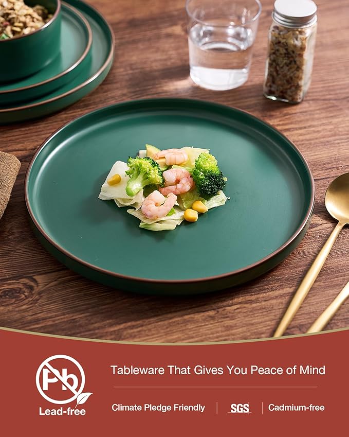 Famiware Nebula Ridge Stoneware Dinnerware Sets for 6, Plates and Bowls Sets, 18 Pieces Dishes Set, Microwave and Dishwasher Safe Kitchen Plates, Dark Green
