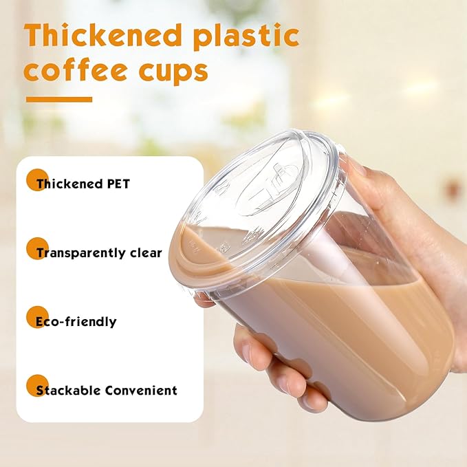 25 Sets 16 oz Clear Plastic Cups with Strawless Sip Lids, Thickened Clear Disposable Plastic PET Crystal Cups for Iced Coffee, Smoothie, Cold Beverage, Drink Shops and Party Catering