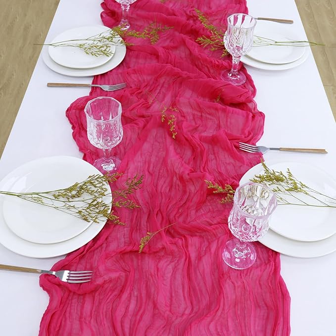 FUHSY Cheesecloth Pink Table Runner 10FT Rustic Cheese Cloth Table Runner Boho Gauze Tables Runners Long Hot Pink Runners for Tables Sheer Cheesecloths for Party Wedding Bridal Shower Decoration