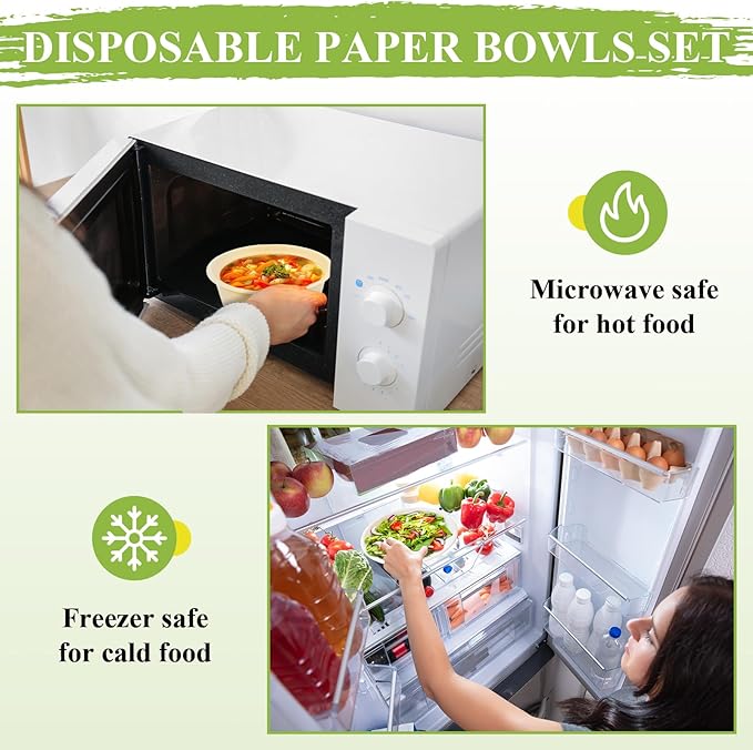 Tessco for you 100 Pack Large Disposable Salad Bowls Deep Heavy Duty Paper Bowls Sugarcane Fiber Compostable Biodegradable Microwave Safe for Hot Cold Soup Ramen Popcorn Pasta(40 oz,Natural Color)