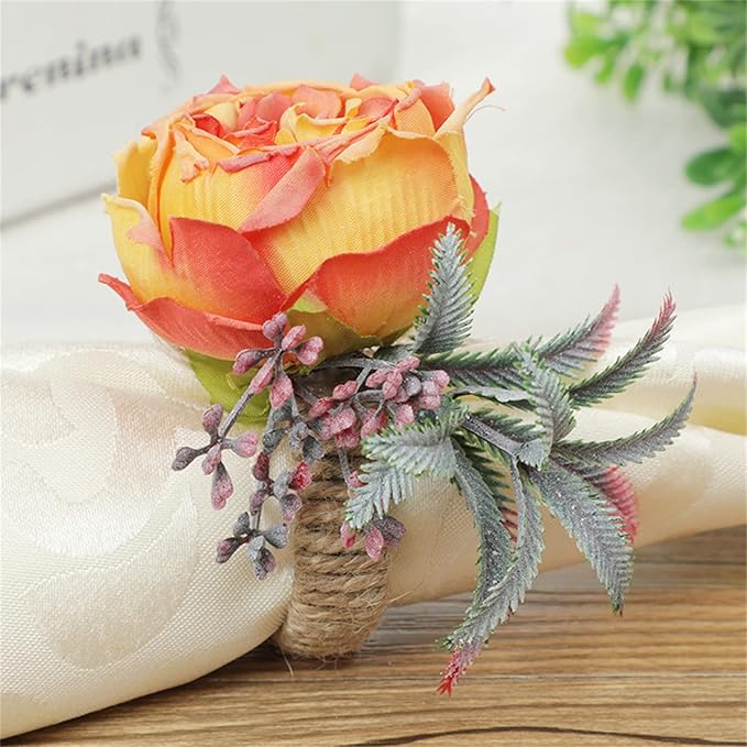Floral Napkin Rings Set of 6,Rustic Rose Napkin Rings Flower Dinner Napkin Holder for Table Decoration (26#Orange)