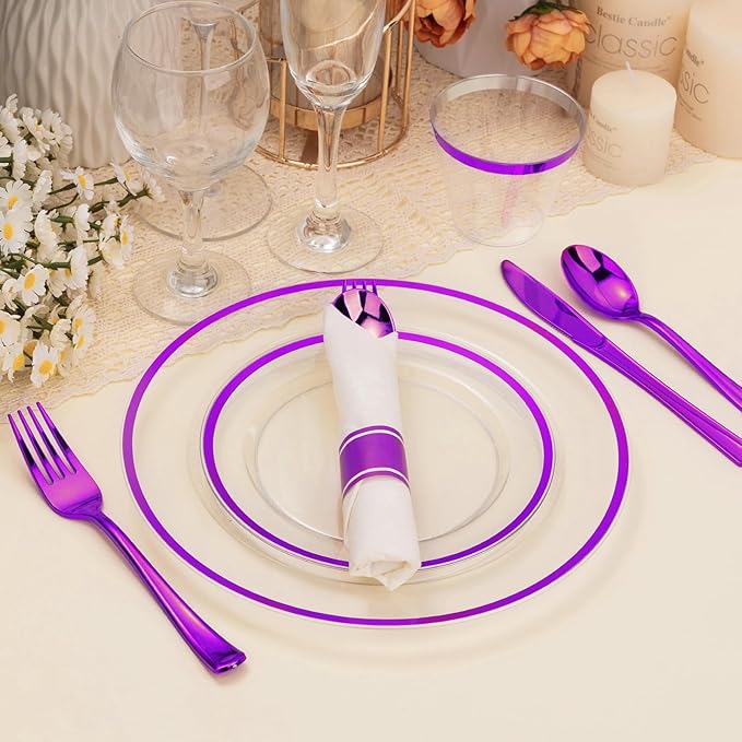 BESTSTAR 350PCS Clear and Purple Disposable Plates Set for 50 Guests, 100 Plastic Plates, 50 Plastic Cups, 50 Pre-Rolled Napkins with Cutlery for Party, Birthday, Wedding, Thanksgiving, Christmas