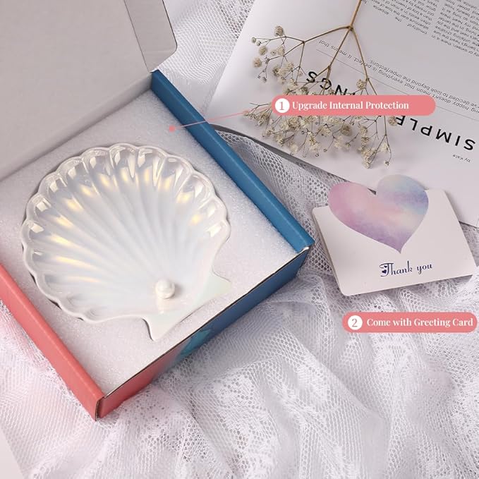 AISBUGUR Shell Ring Holder Dish, Shell Jewelry Tray, Trinket Dish, Cute Decorations for Coastal Home Decor, Bathroom Decor, 5.5", White
