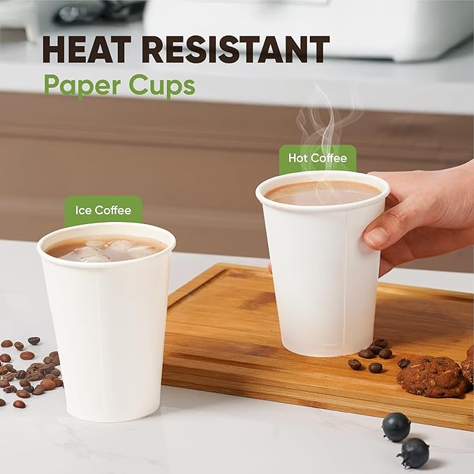 16 oz Paper Cups – 100 Pack with 50 Paper Straws | White Disposable Hot Cold Cups for Coffee, Tea & Cold Drinks | Paper Tested Under FDA 21 CFR 176.170 by SGS