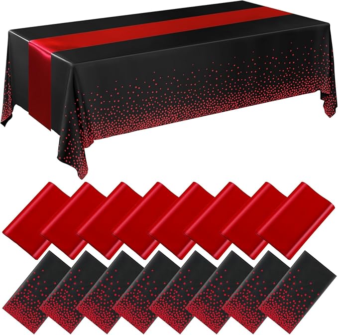 Breling 16 Pack Black and Red Disposable Plastic Tablecloths and Satin Table Runner Set, 54 x 108 Inch Tablecloth, 12 x 108 Inch Table Runners for Wedding Graduation Birthday Baby Shower