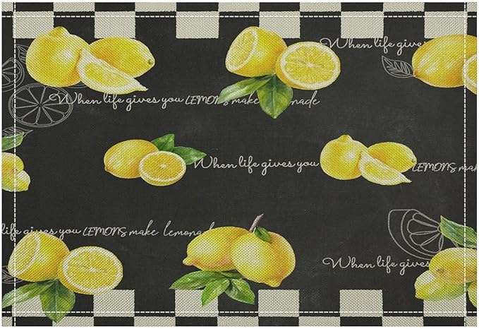 Vintage Lemon Placemat Set, Rustic Farmhouse Yellow Orange Fruit Leaves Black White Plaid Quotes Seamless Pattern Home Decor Linen Table Mats for Dining Room Kitchen Party (17x12in) x2P