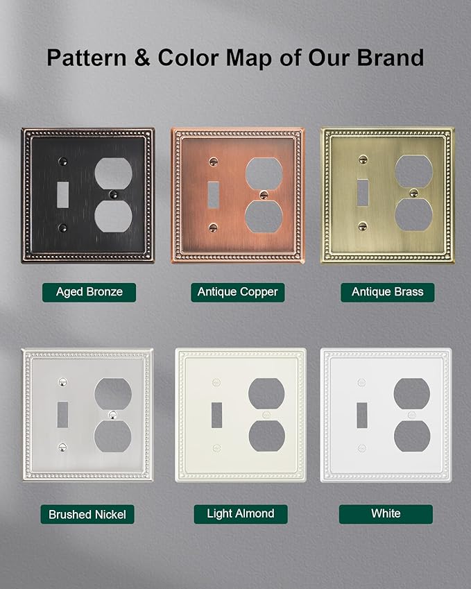 2-Pack Combo Toggle/Duplex Light Switch Cover Plate, Brushed Nickel Metal Wall Outlet Cover, Decorative Classic Beaded Wall Plate