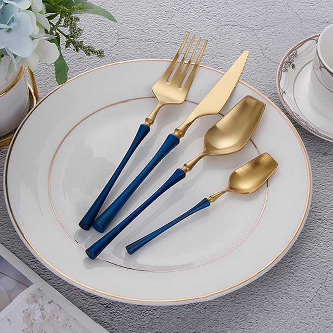 24 Piece Gold Silverware Set for 6 Durable 18/8 Stainless Steel Flatware Set Slim Waist Blue Handles Cutlery Set Include Spoons Knifes Forks Kitchen Wedding Restaurant ZILNEHZ