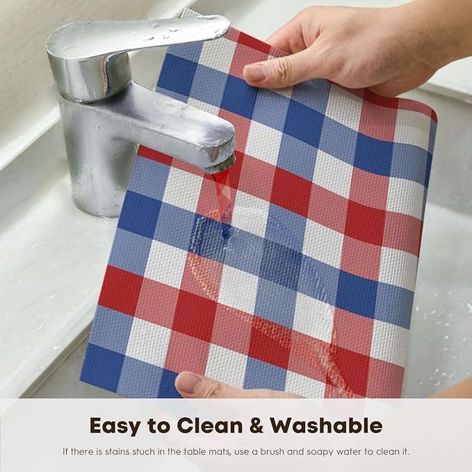 Artoid Mode Buffalo Plaid Vinyl Placemats Set of 4, 12x18 Inch Washable Non-Slip Heat Resistant Plastic Place Mats for Party Dining Table, Blue/Red