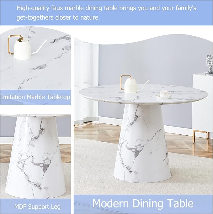 Round Dining Table Set for 6, 45" Modern Faux Marble Kitchen Table and Upholstered Chairs, 7 Piece Circle Dinner Set for Dining Room, Kitchen (White Set)
