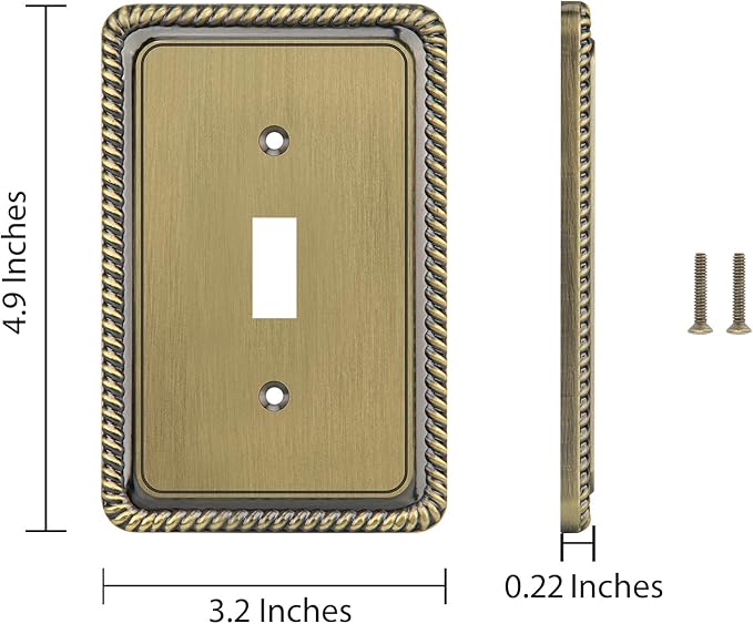 Henne Bery Rope Edge Decorative Wall Plate Switch Plate Outlet Cover (Single Toggle, 3 Pack, Antique Brass)
