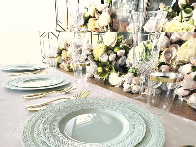 " OCCASIONS " 960pcs set (120 Guests) Extra Heavyweight Vintage Wedding Disposable/Reusable Plastic Plates -120x11'' +120x8.25''+Silverware+Cups+Napkins (Chateau in Mint)