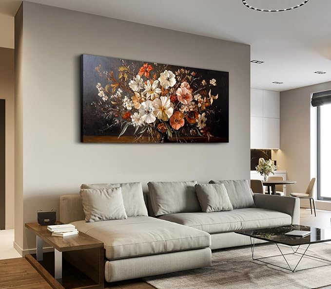 ADJUVANT Wall Art Vintage Floral Bouquet in Vase 48"L x 24"W, Flowers Canvas Painting Botanic Artwork Retro Blossoms Prints Graceful Floral Wall Decor for Living Room Bedroom Dining Room Home Office
