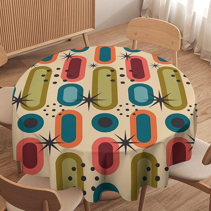 Mid Century Bohemian Round Tablecloth, Modern Medieval Geometric Abstract Print Tablecloth for Home Party Dining Room Kitchen Decor 60Inch(152cm)