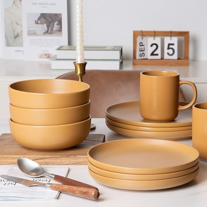 12-Piece Stoneware Dinnerware Set with Mugs | Microwave and Dishwasher Friendly | Stackable Matte Glaze Plates & Bowls | Service for 3 (Orange for 3)