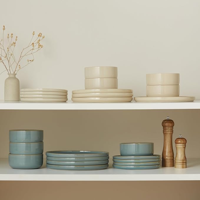 Dinnerware Set, 12 Piece, by Vase and Vessel, Ceramic 10.5” Dinner Plates, 8.2” Salad Plates and 25 oz Soup Bowls, Stoneware, Microwave and Dishwasher Safe, 12 Piece Set, Beige, Somerset Collection
