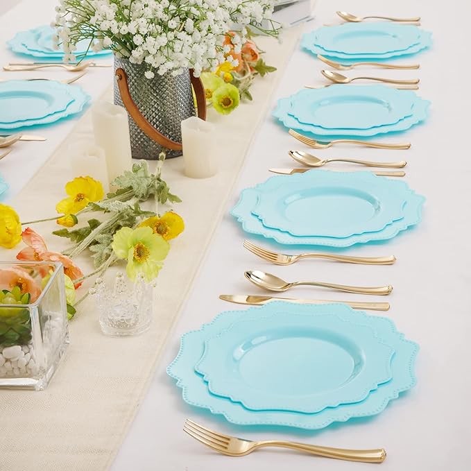 COLOSUS Disposable Plastic Plates 60Pcs, Light Baby blue Party Plates, Heavy Duty 30 Dinner plate 10.5” and 30 Salad/Dessert Plate 8.25” for Easter day Party Dinner