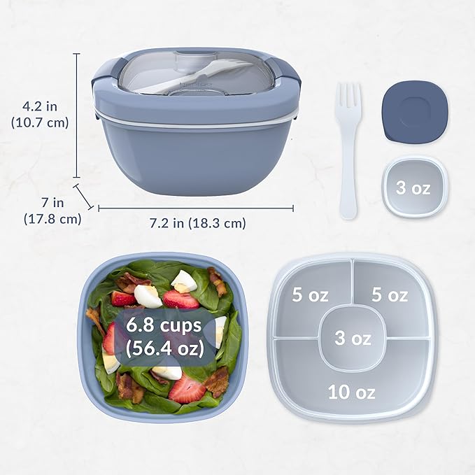 Bentgo Salad Container - 54 oz Bowl with 4-Compartment Toppings Tray, Leak-Proof Dressing Container, Reusable Fork, BPA-Free Lunch Box for Meal Prep & Food Storage; Removable Bento Tray (Slate)
