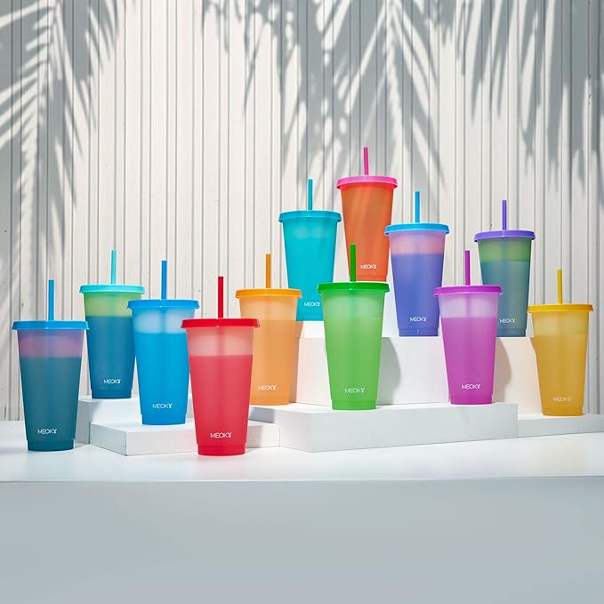 Meoky 12Pack Plastic Cups with Lids and Straws 24oz Reusable Color Changing Cups for Adult Kids Cold Coffee Drinking Tumblers Summer Party Cups