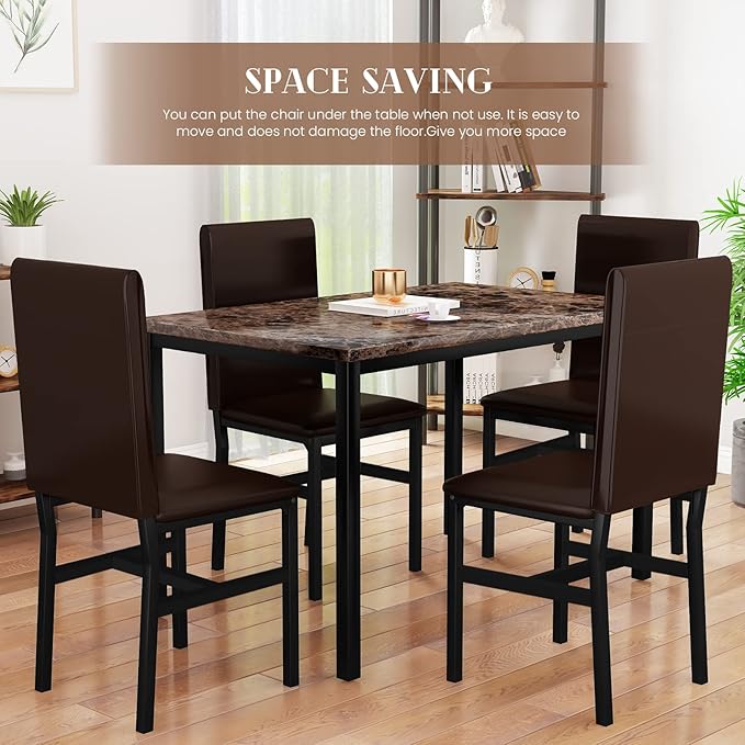 AWQM 5 Piece Dining Table Set for 4,Faux Marble Kitchen Table and Chairs for 4, Modern Dining Room Table with 4 Chairs,Dinner Table Set for Small Spaces, Brown