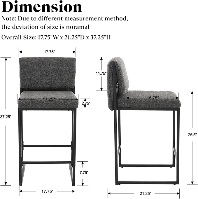 Modern Barstools Set of 2, 26” Upholstered Counter Height Bar Stools Sherpa Fabric Counter Stools with Padded Back Metal Frame for Kitchen Island Dining Room, Black