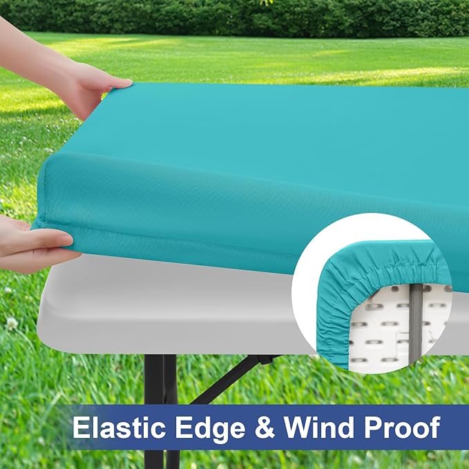 homing 2 Pack Rectangle Table Cloth, Elastic Fitted Fabric Tablecloth Fits for 6 Foot Folding Tables, Washable Table Cover for Picnic, Camping, Indoor & Outdoor (Turquoise, 30" x 72")
