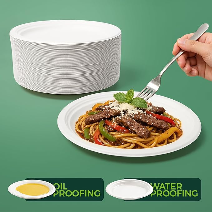 100% Compostable Plates - 125-Count Heavy Duty Disposable 10-Inch Plates Made of Bagasse - Eco-Friendly and Sustainable