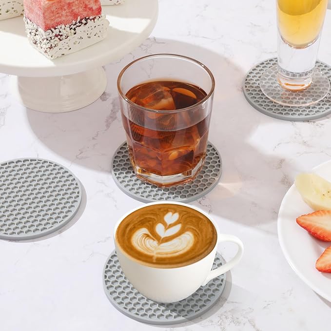 Silicone Coasters Set of 8 with Holder,Coasters for Drinks,Beer,Coffee Coasters,Suitable for Kinds Cups,Hot or Cold,Anti-SLI,Non-Stick,Anti-Overflow Tabletop Protection and Decor (8 Pcs, Gray)