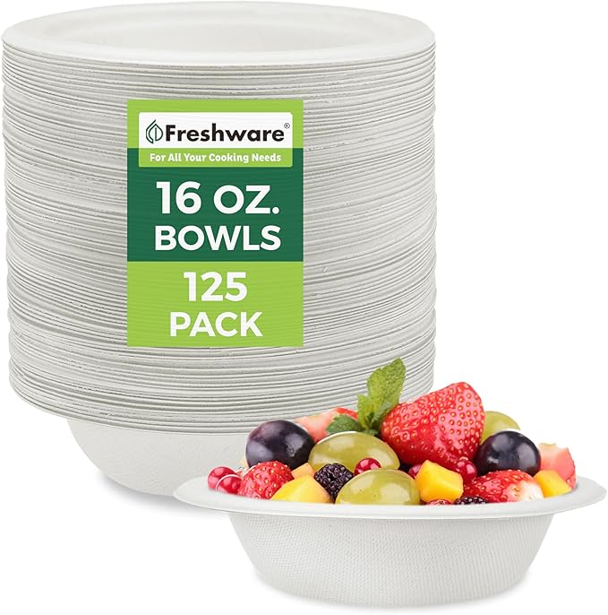 Freshware Paper Bowls - Disposable 16 oz. Soup Bowl, 125-Pack Biodegradable Sugarcane Fiber Serving Bowls - Heavy Duty Bagasse for Hot Food Plates - Microwave & Freezer Safe, Stackable Dinnerware
