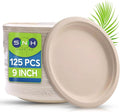 SNH Packing 100% Compostable Plates 9 Inch [125-Pack], Heavy Duty Dinner Paper Plates, Eco-Friendly Biodegradable Sugarcane Bagasse, Natural Brown Disposable Plates for Dessert, Party, BBQ & Picnic
