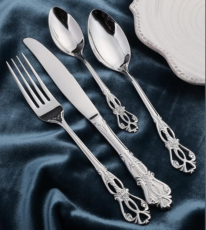 Silverware Set for 12 Stainless Steel Flatware Set Palace Style Hollow Relief Decoration 48 Piece Cutlery Utensils Include Knives Forks and Spoons Tableware Set for Home Kitchen Restaurant Party