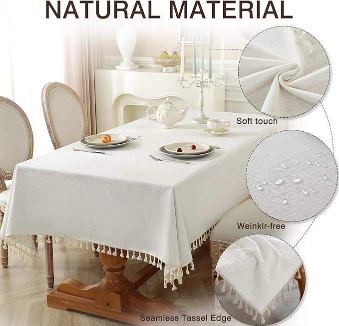 JIALE Textured Tablecloths, Heavy Duty Cotton Linen Farmhouse Table Cloth Rectangle Table, Waterproof Wrinkle-Free Rectangle Tablecloth for Kitchen, Dining, Parties, 55"x55", Ivory