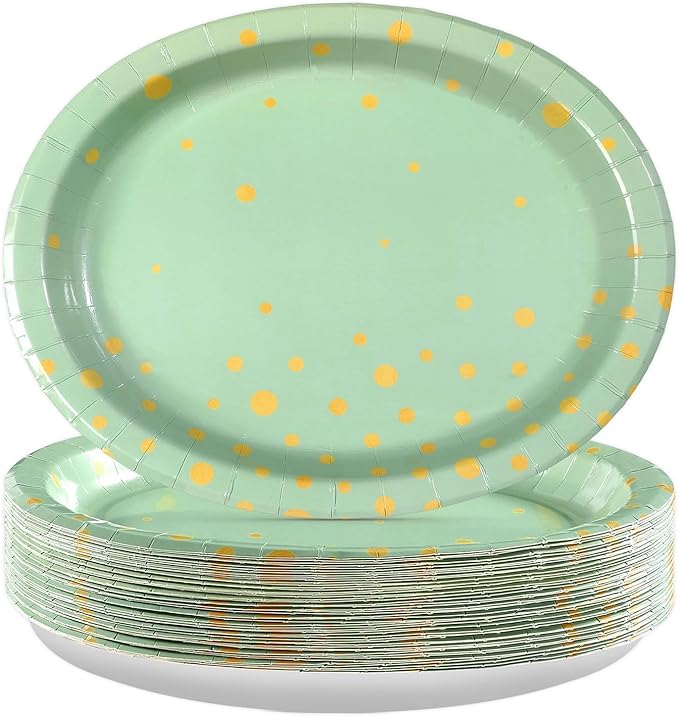 50Pcs Sage Green Oval Paper Plates 10" x 12" Large Disposable Sage Green and Gold Party Supplies Dessert Paper Plates Gold Dot Light Green Platter for Baby Shower Birthday Wedding Party Decorations
