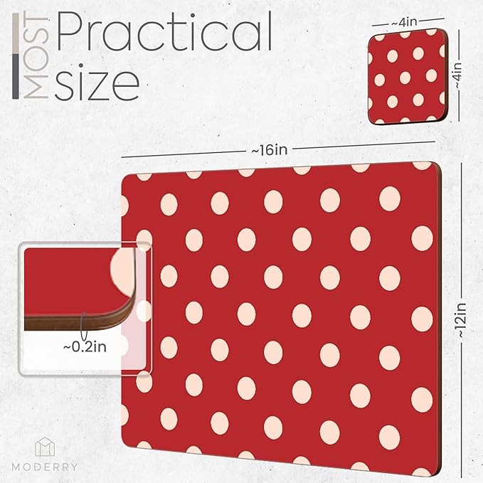 Set of 4 Heat Resistant Cork Placemats for Dining Table with Free Set of 4 Matching Drink Coasters Cream & Red Polkadot Design 16 x 12 Inches Cork Backed Hard Placemats (Red Polkadot)