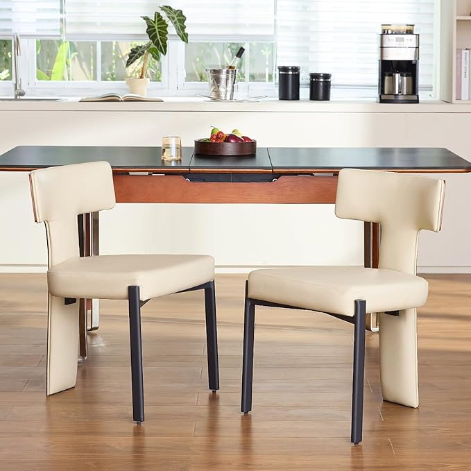 Beige Dining Chairs Set of 2,Faux Leather Dining Chairs with Soft Cushion,Comfortable Upholstered Armless Dining Room Chairs with Curved Plywood Back